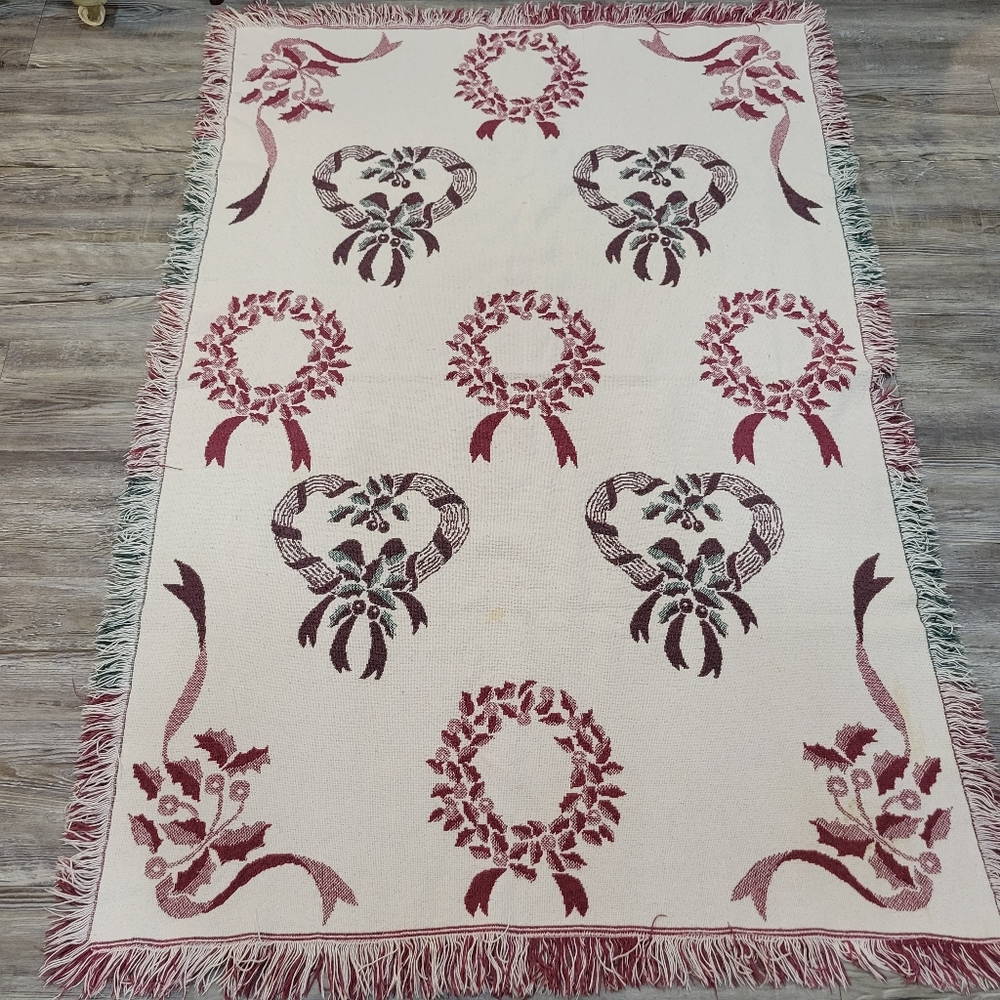 Vintage Tapestry Throw Blanket Wreath Cotton Christmas Bows Spain Reversible
